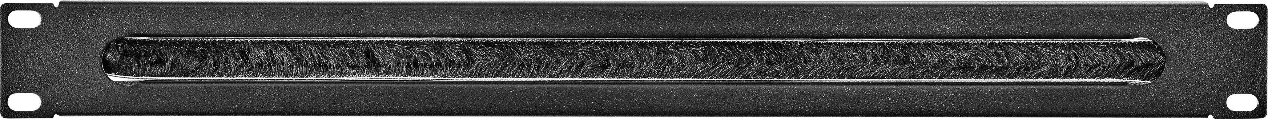 Ein rechteckiges, schwarzes Metallplatte mit vier Schraubenlöchern an den Ecken und einem schmalen, horizontalen Lüftungsschlitz in der Mitte.
