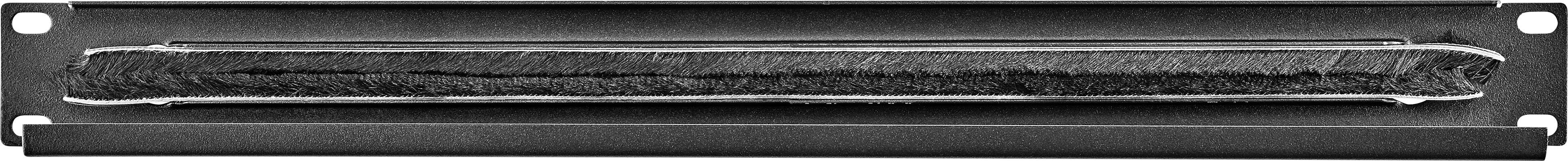 Eine schwarze Metallplatte mit einem schmalen, langgezogenen Schlitz in der Mitte, möglicherweise Teil eines elektronischen Geräts.