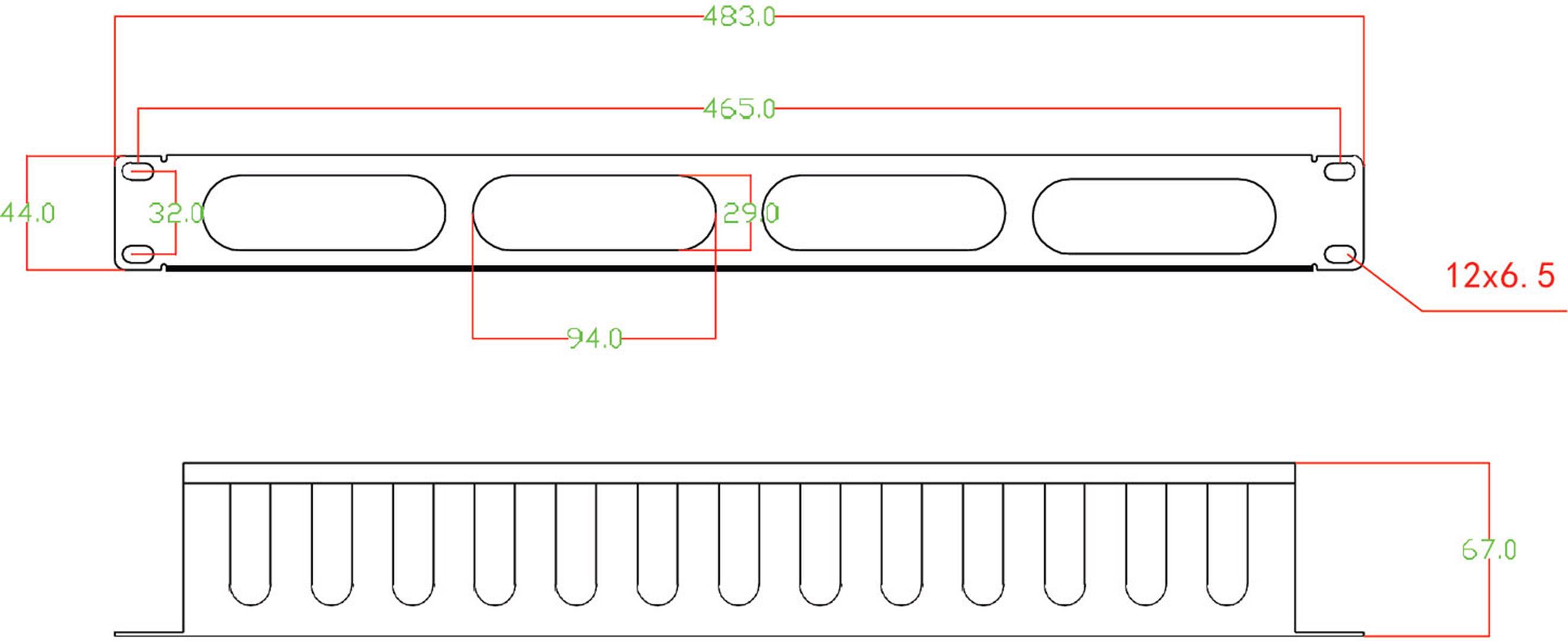'Zeichnung eines Rack-Mount-Panels mit Maßen: Breite 483mm, Höhe 44mm, mit Lüftungsschlitzen. Seitliche Ansicht zeigt zwölf Lüftungsschlitze.'
