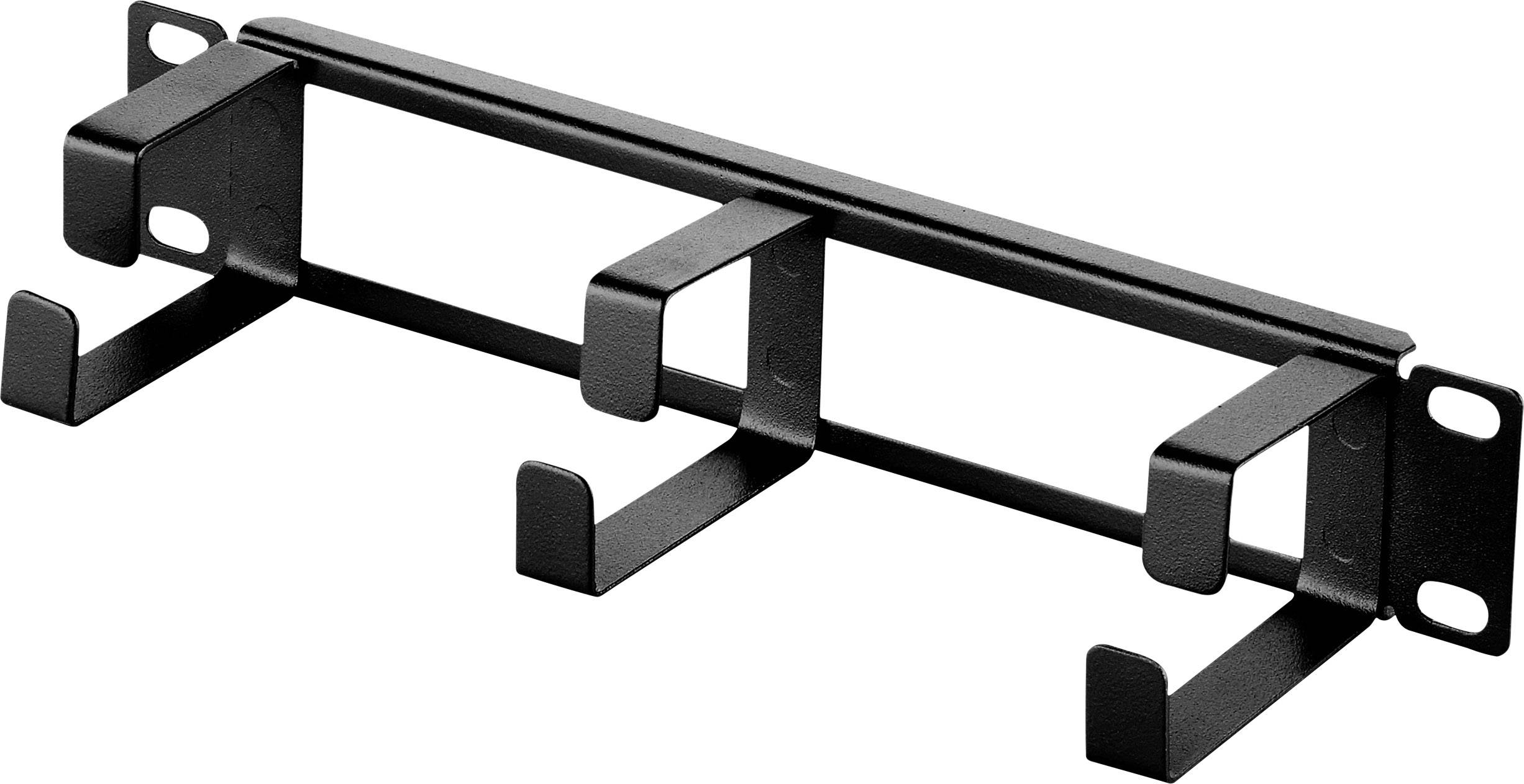 Ein schwarzer Kabelhalter zur Wandmontage mit drei Haken. Ideal für geordnete Kabelaufbewahrung im Büro oder Zuhause.