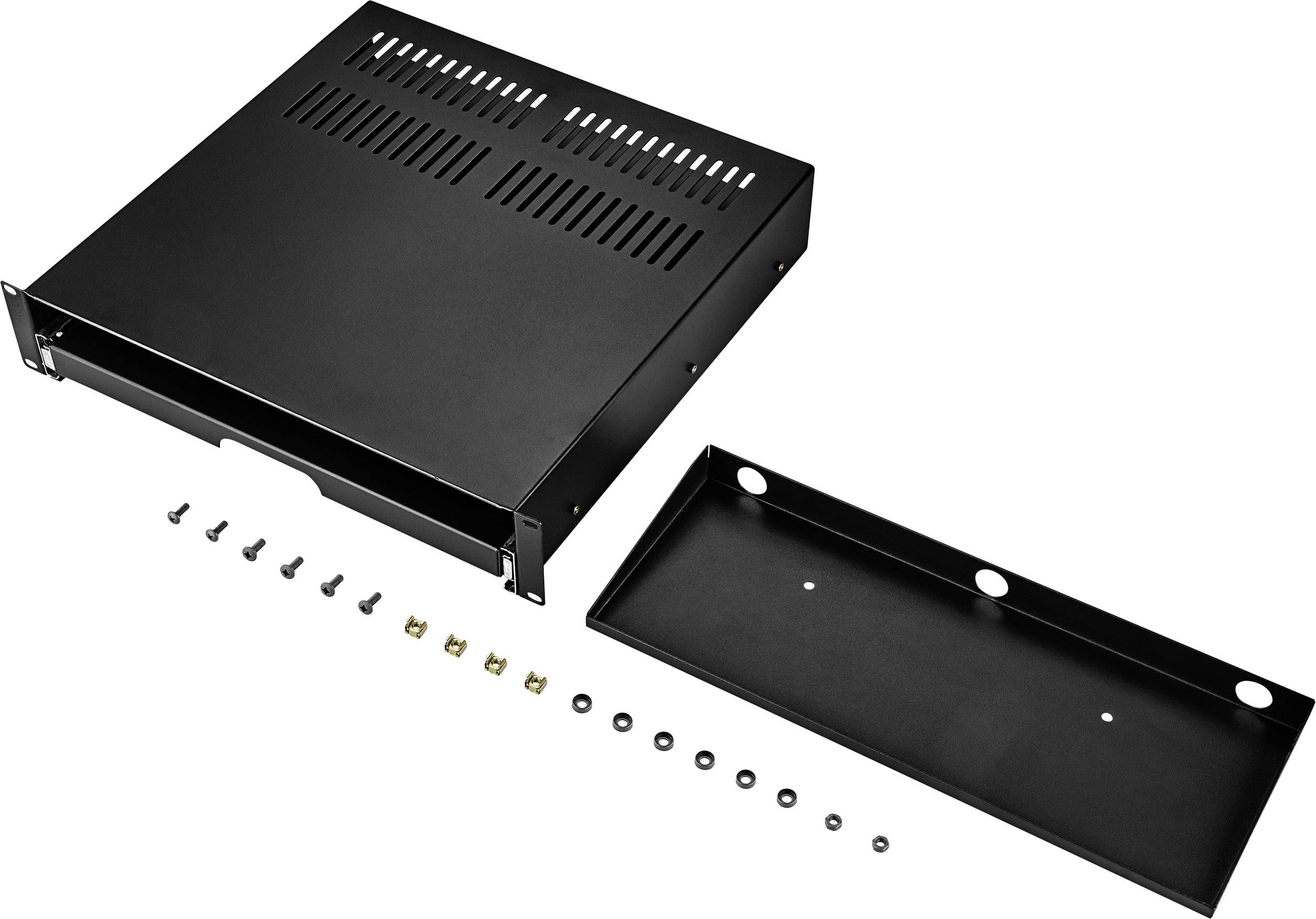 Schwarzes Metallgehäuse für Rackmontage, geöffnet, zeigt obere und untere Abdeckung sowie eine Reihe von Schrauben und Befestigungsteilen.