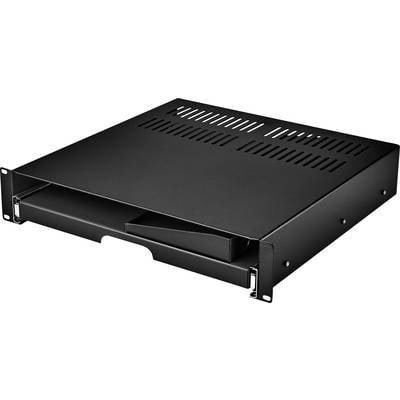 Ein schwarzes Server-Rack-Gehäuse mit Lüftungsschlitzen auf der Oberseite und Befestigungsmöglichkeiten an den Seiten für den Einbau in ein Rack.
