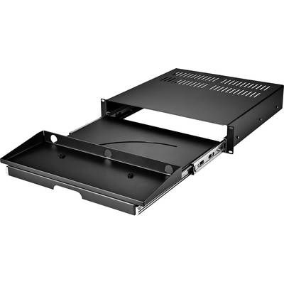 Schwarzes, stabiles Metallfach, teils geöffnet. Montierbare Schublade für Server- oder Netzwerkanwendungen zur Organisation von Geräten.