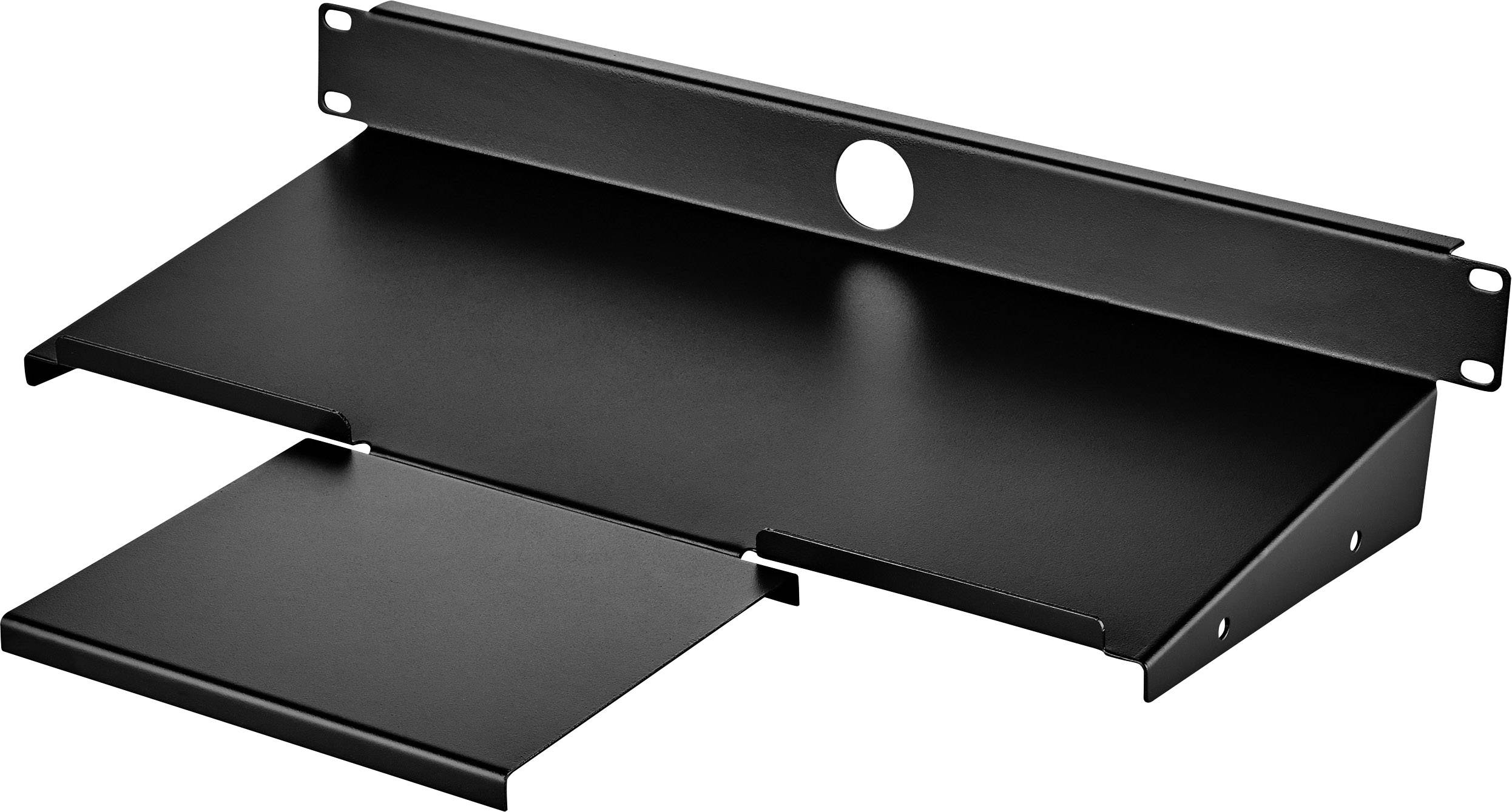 Schwarzes Metallregal mit mehreren Ebenen und Kabeldurchführung, wahrscheinlich für den Einsatz in einem Server- oder Elektronikschrank.