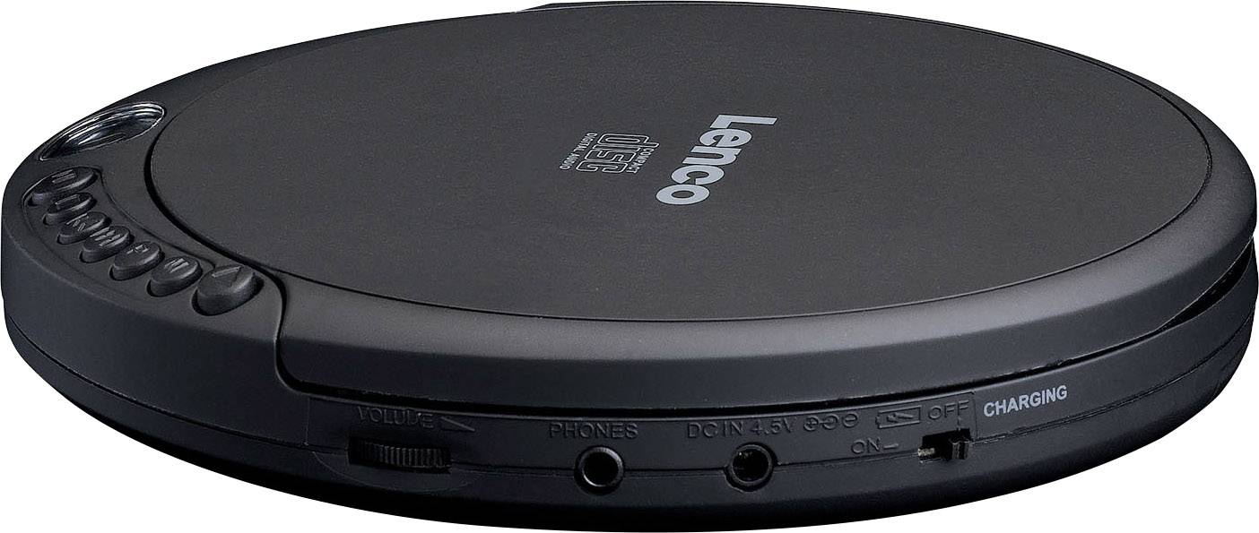 Ein tragbarer CD-Player in Schwarz, Marke 'Lenco', mit Bedienelementen an der Seite und Anschlüssen für Kopfhörer und Ladegerät.