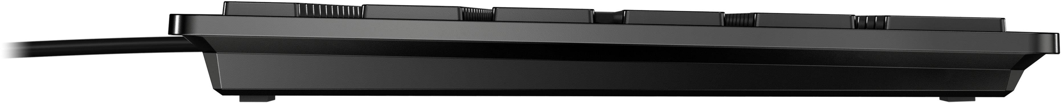 Schwarze Computertastatur von der Seite, mit leicht nach oben abgewinkelten Tasten, Anschlusskabel auf der linken Seite.
