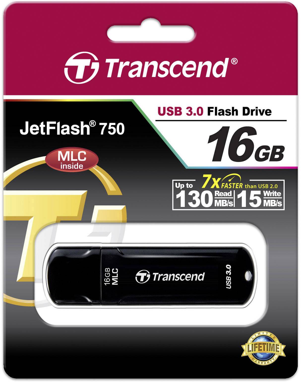 USB 3.0 Flash-Laufwerk, 16GB, JetFlash 750 von Transcend. Verpackung hebt hohe Lese- und Schreibgeschwindigkeit hervor.