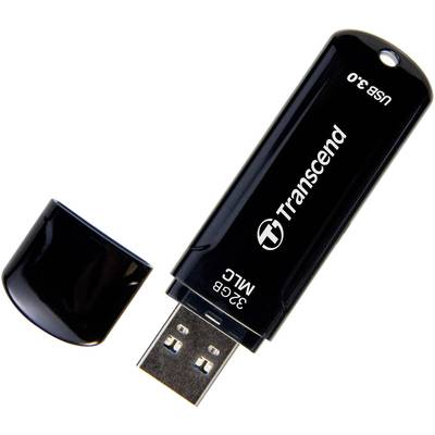 Ein schwarzer USB-Stick der Marke Transcend, 32 GB, USB 3.0, mit abgenommenem Deckel.