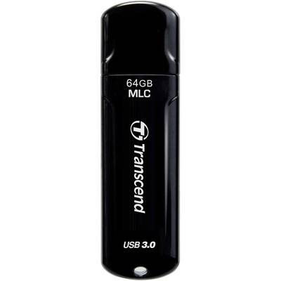 Schwarzer USB-Stick mit der Aufschrift '64GB MLC, Transcend, USB 3.0'.
