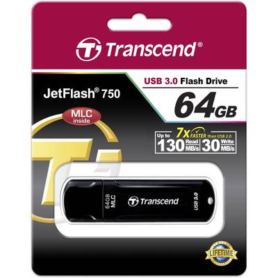 USB 3.0 Flash-Laufwerk, 64GB, Markenname 'Transcend', Modell 'JetFlash 750', mit MLC-Technologie. Verspricht schnellere Lese- und Schreibgeschwindigkeiten.