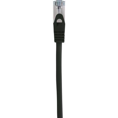 Ein schwarzes Ethernet-Kabel mit einem transparenten RJ45-Stecker, das für Netzwerkverbindungen verwendet wird.