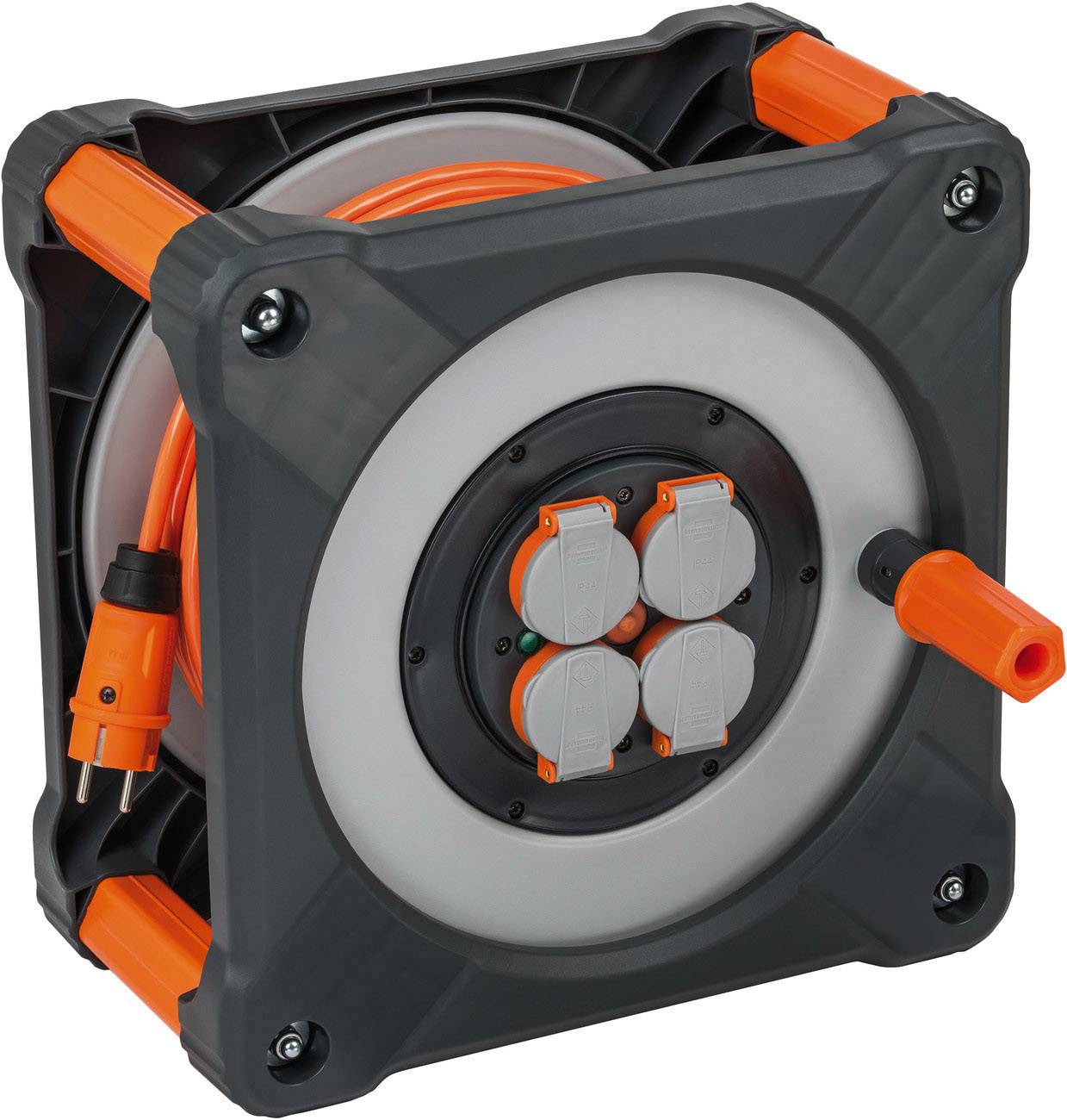 Ein quadratischer Kabeltrommelkasten mit orangefarbenem Kabel, ausziehbarer Steckdose und vier Anschlussbuchsen.