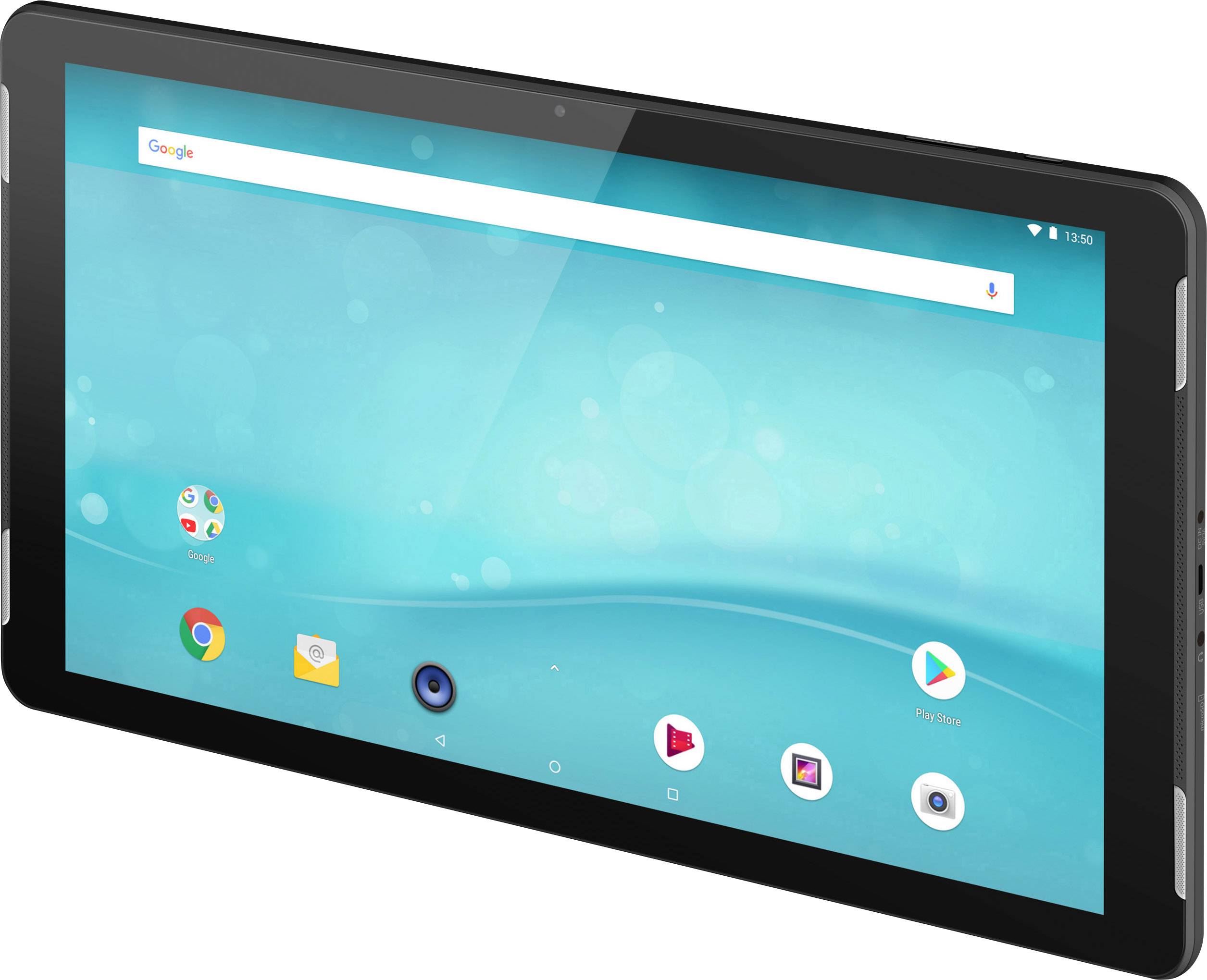 Tablet mit blauem Bildschirm und mehreren App-Symbolen wie Chrome, Google und Play Store.