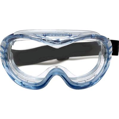 Sicherheitsbrille mit blauem Rahmen und klarem Visier, geeignet zum Schutz bei handwerklichen oder wissenschaftlichen Arbeiten.