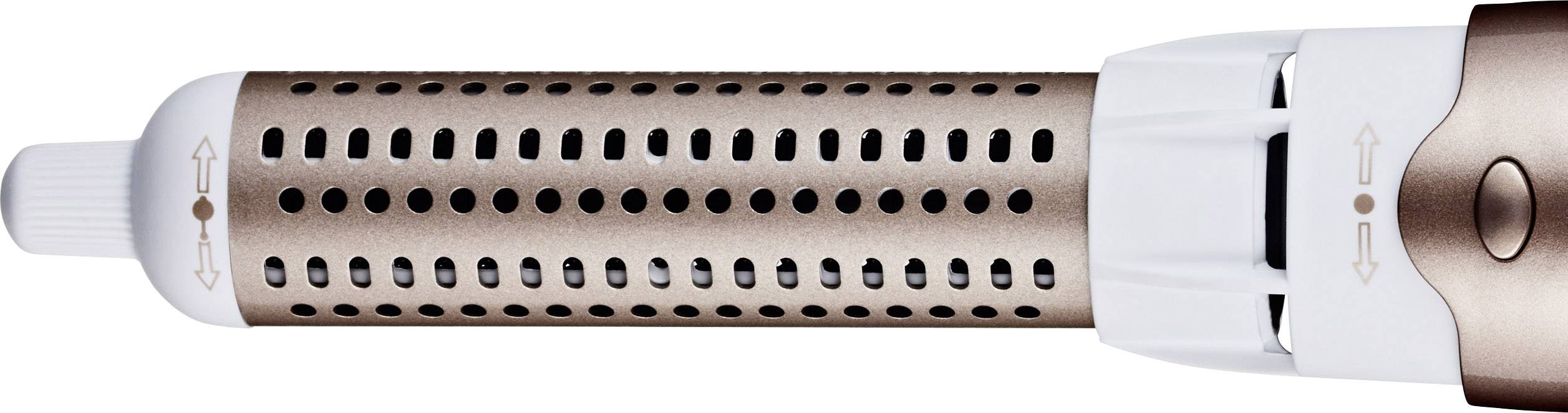 Elektrische Styling-Bürste in Weiß und Bronze, kombiniert Glätteisen und Lockenstab-Funktionen mit verstellbaren Einstellungsmöglichkeiten.