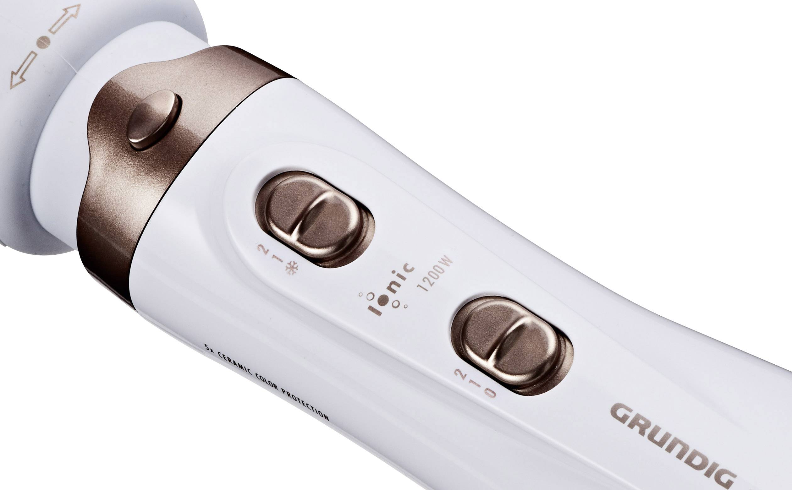 Elektrische Haarbürste weiß mit bronzefarbenen Akzenten, zwei Schaltern zur Temperatureinstellung, Markenname 'Grundig'.