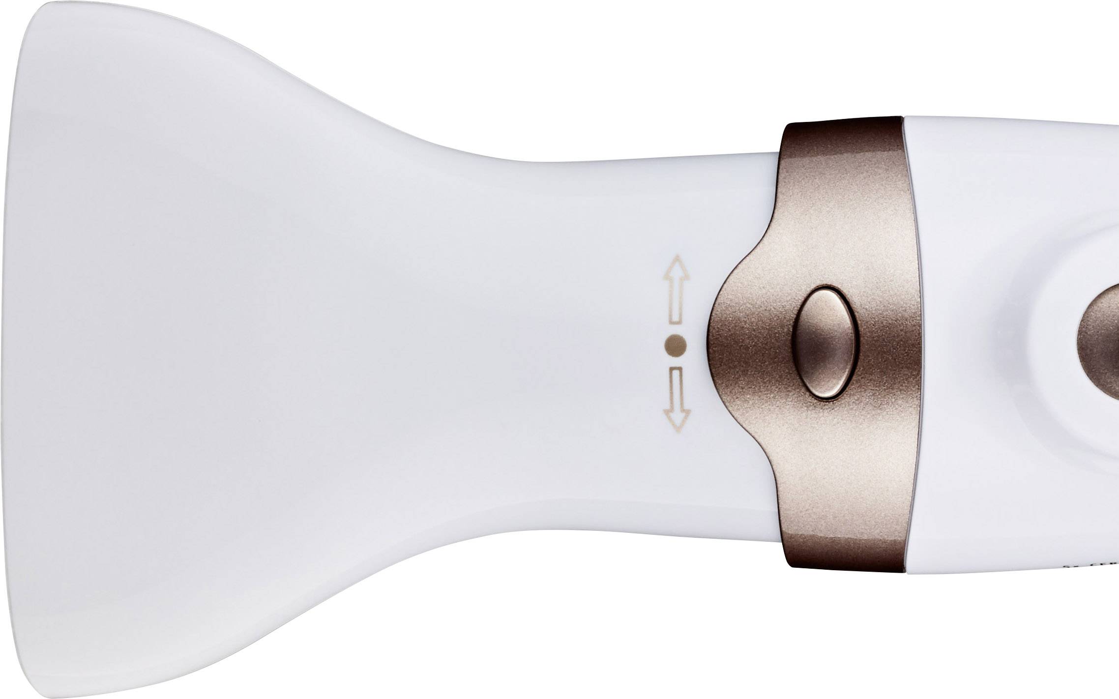 Weißer Haarentferner mit bronzefarbenem Schalter und Pfeilen für Ein/Aus-Funktion auf der Seite.