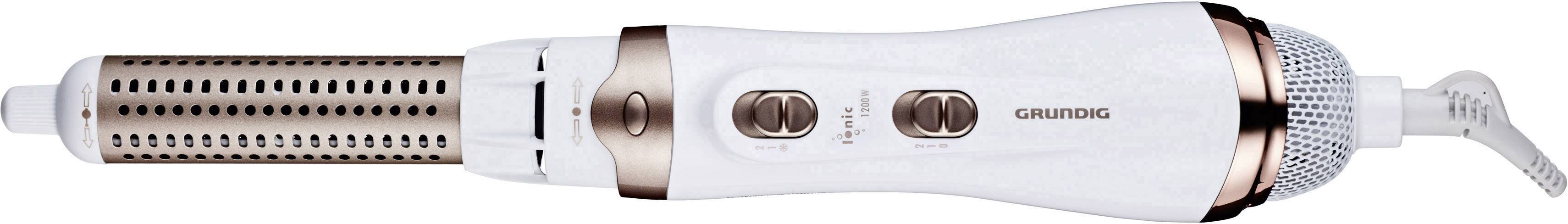 Ein weißer und goldener Lockenstab mit mehreren Einstellungsknöpfen an der Seite, geeignet für das Stylen von Haaren.