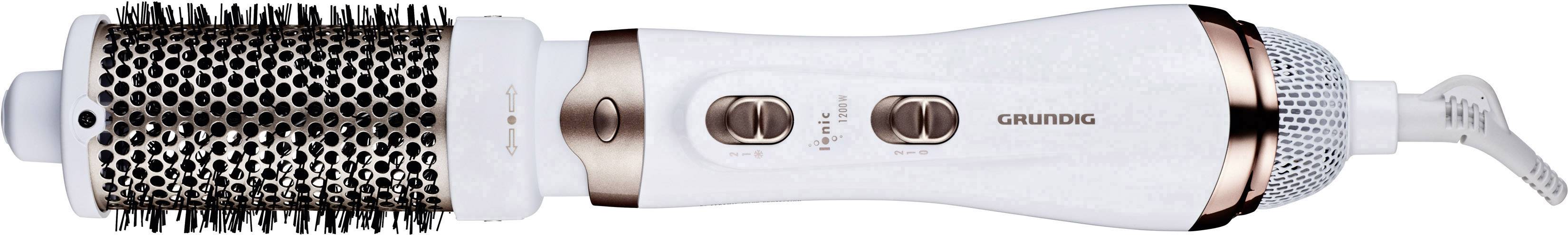 Rotationsbürste mit weißen und goldenen Details, Griff mit Steuertasten für Geschwindigkeit und Temperatur; geeignet zum Haarstyling.