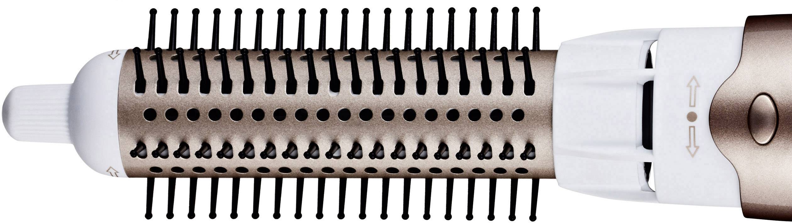 Lockenstyler mit rotierendem Bürstenkopf in Braun und Weiß, geeignet zum Stylen von Haaren. Enthält Bedienelemente zum Einstellen der Richtung.