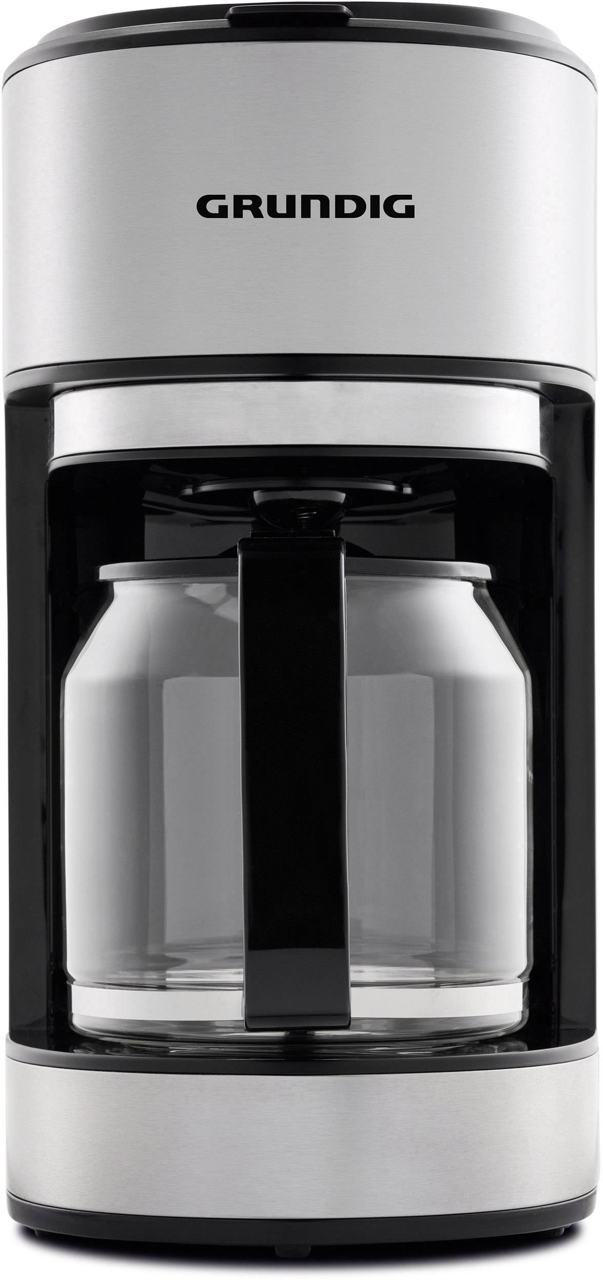 Kaffeemaschine von Grundig mit silbernem und schwarzem Design. Sie hat eine Glaskanne und wirkt modern und kompakt.