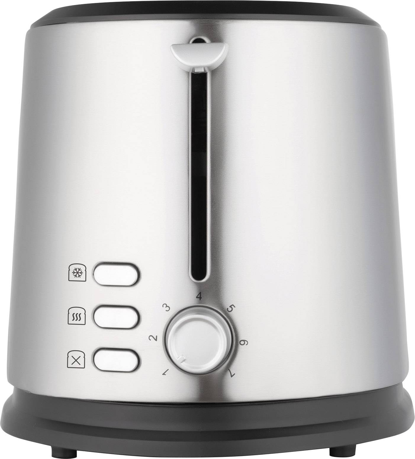 Ein Toaster aus Edelstahl mit fünf Bräunungsstufen, Auftau- und Aufwärmfunktion, sowie Stopptaste.