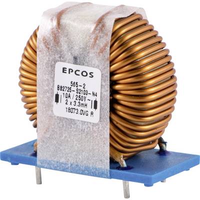 Ein Kupferspulen-Induktor auf einer blauen Platine, mit einer Etikette 'EPCOS', technischen Spezifikationen und Anschlussstiften.
