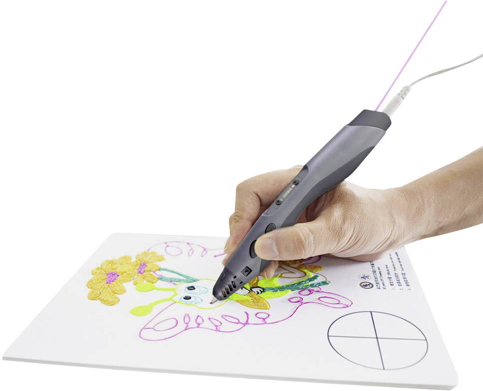 Hand hält einen 3D-Stift und zeichnet ein buntes Muster auf Papier. Der Stift erzeugt plastische Linien, die hervorgehoben sind.