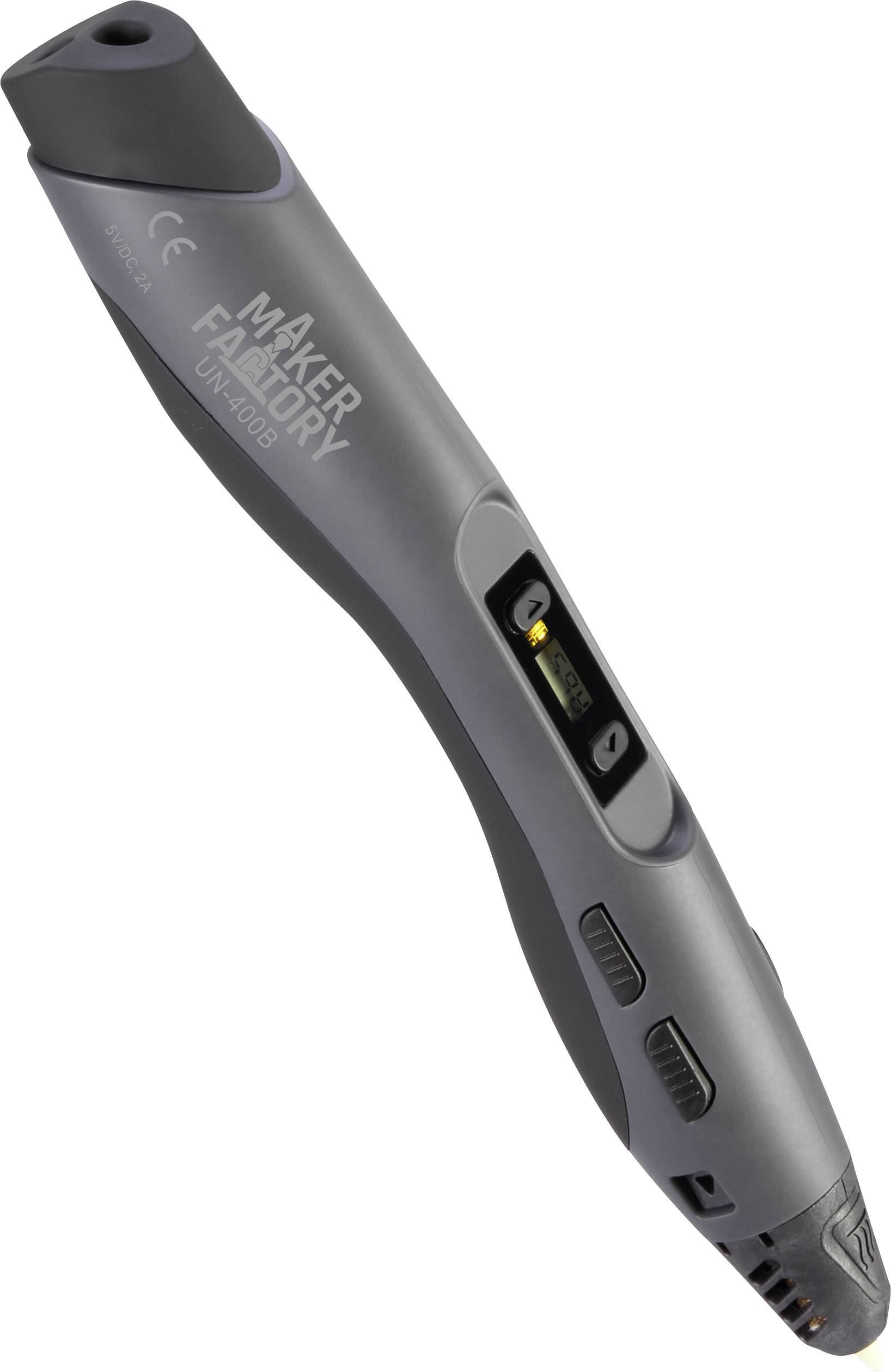 Ein grauer 3D-Druckstift mit der Aufschrift 'MAKER FABRİKY UKP4005' auf der Oberfläche, zeigt Bedienelemente an der Seite.