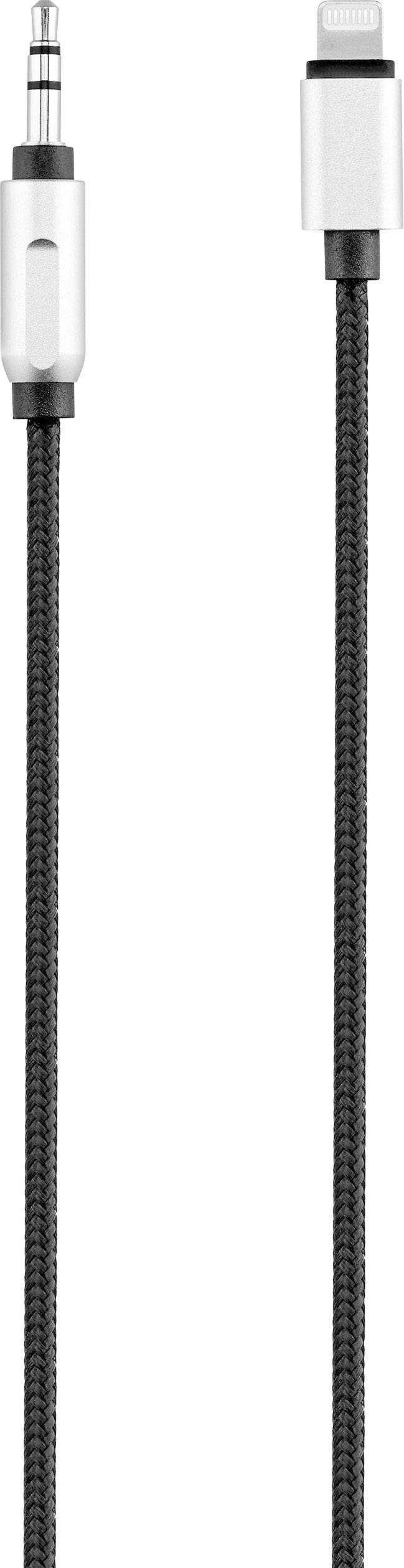 Ein schwarzes geflochtenes Kabel mit einem 3,5-mm-Klinkenstecker auf der linken Seite und einem Lightning-Stecker auf der rechten Seite.