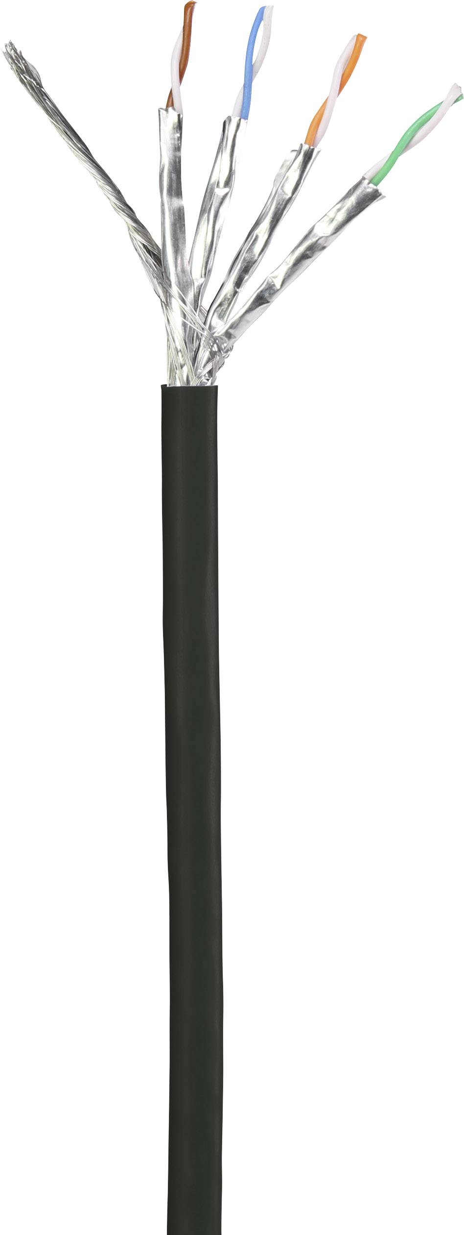 Ein offenes schwarzes Kabel mit vier farbigen, verdrillten Adernpaaren, geeignet für Netzwerk- oder Kommunikationsverbindungen.