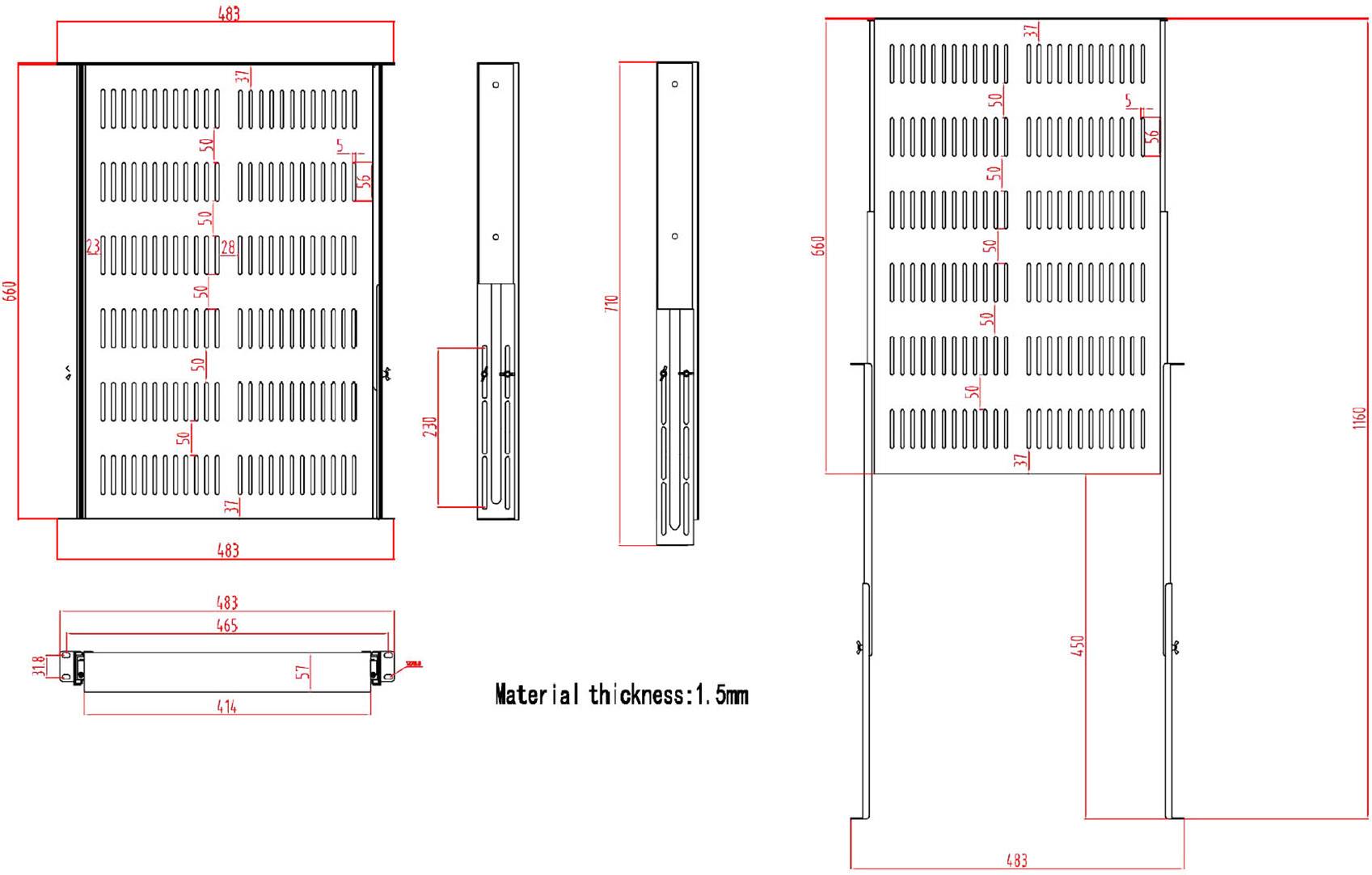'Technische Zeichnung eines Metallbauteils mit Schlitzen, Materialstärke: 1,5 mm, Abmessungen und Details in Millimetern angegeben.'