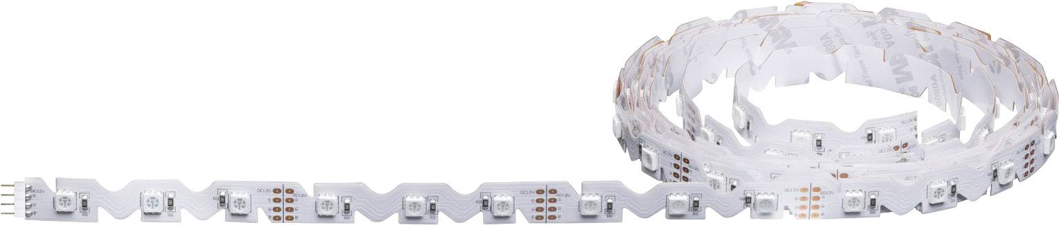 Ein aufgerollter LED-Lichtstreifen mit sichtbaren Anschlussstellen und LEDs, bereit zur Installation, liegt flach vor einem Hintergrund.