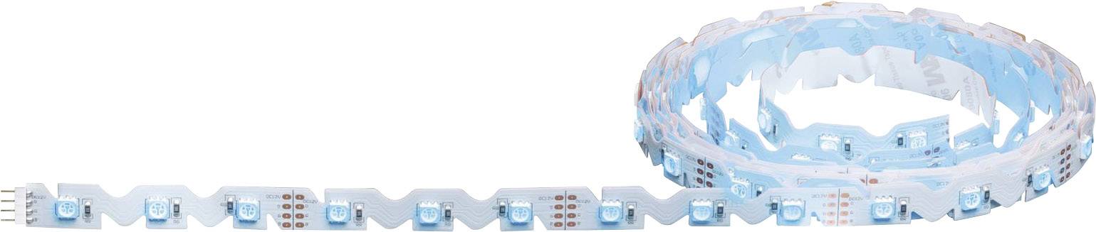 Leuchtdiodenstreifen mit blauen LEDs auf weißem Hintergrund. Der Streifen ist teilweise aufgerollt und zeigt einzelne LED-Lampen.