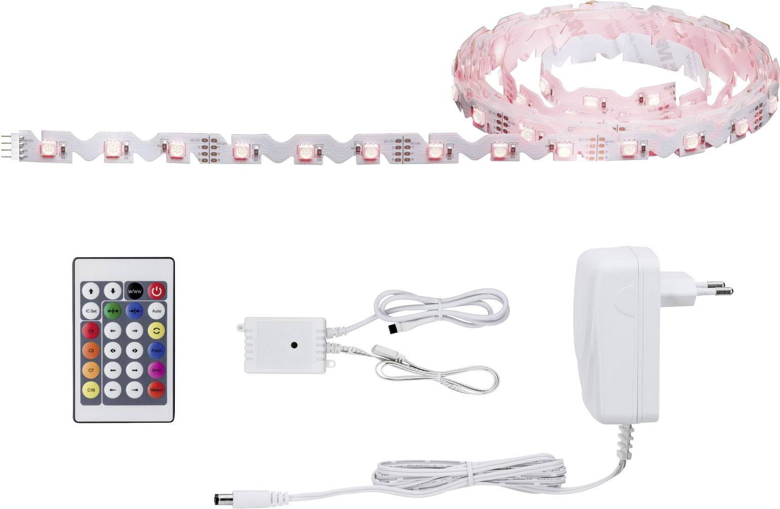 Ein pinkfarbener LED-Lichtstreifen mit Fernbedienung, Netzteil und Steuergerät; geeignet zur Dekoration und Beleuchtung.