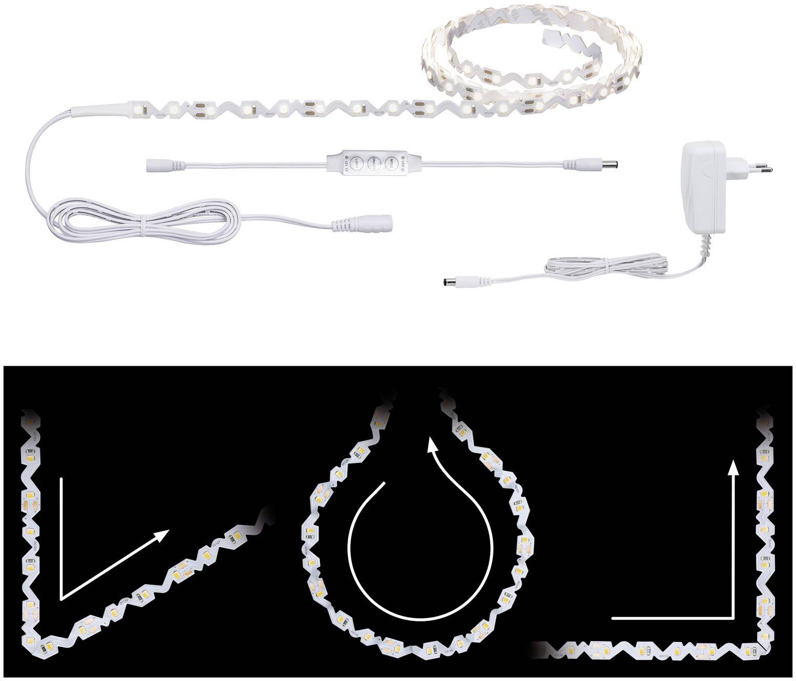 Ein weißer LED-Lichtstreifen mit Schalter, Netzteil und Kabel. Unten werden verschiedene Biege- und Montageoptionen des Streifens gezeigt.