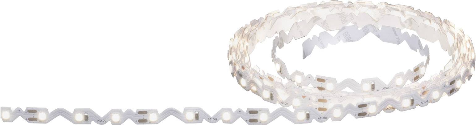 Eine aufgerollte, weiße LED-Lichtleiste mit gleichmäßigen Abständen zwischen den LEDs, geeignet für flexible Beleuchtungsanwendungen.