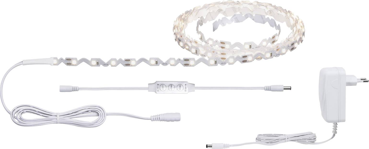 LED-Lichtstreifen mit Fernbedienung und Netzteil. Der Streifen ist flexibel und enthält mehrere Lichtsegmente.