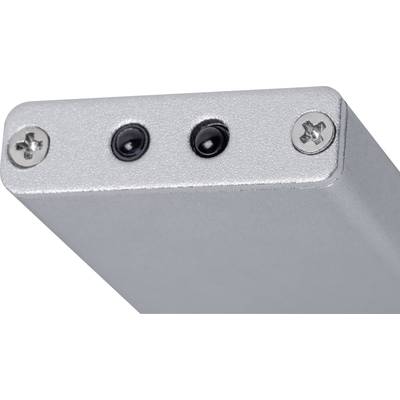 Eine silberne Metallleiste mit zwei schwarzen Sensoren und zwei Schrauben an der Oberseite.