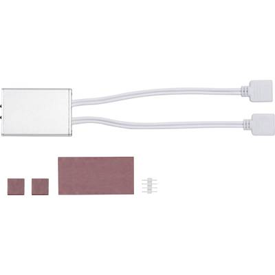 Silbernes elektrisches Gerät mit zwei Kabeln nach rechts; darunter rote rechteckige und quadratische Bauteile und ein kleiner Anschluss.