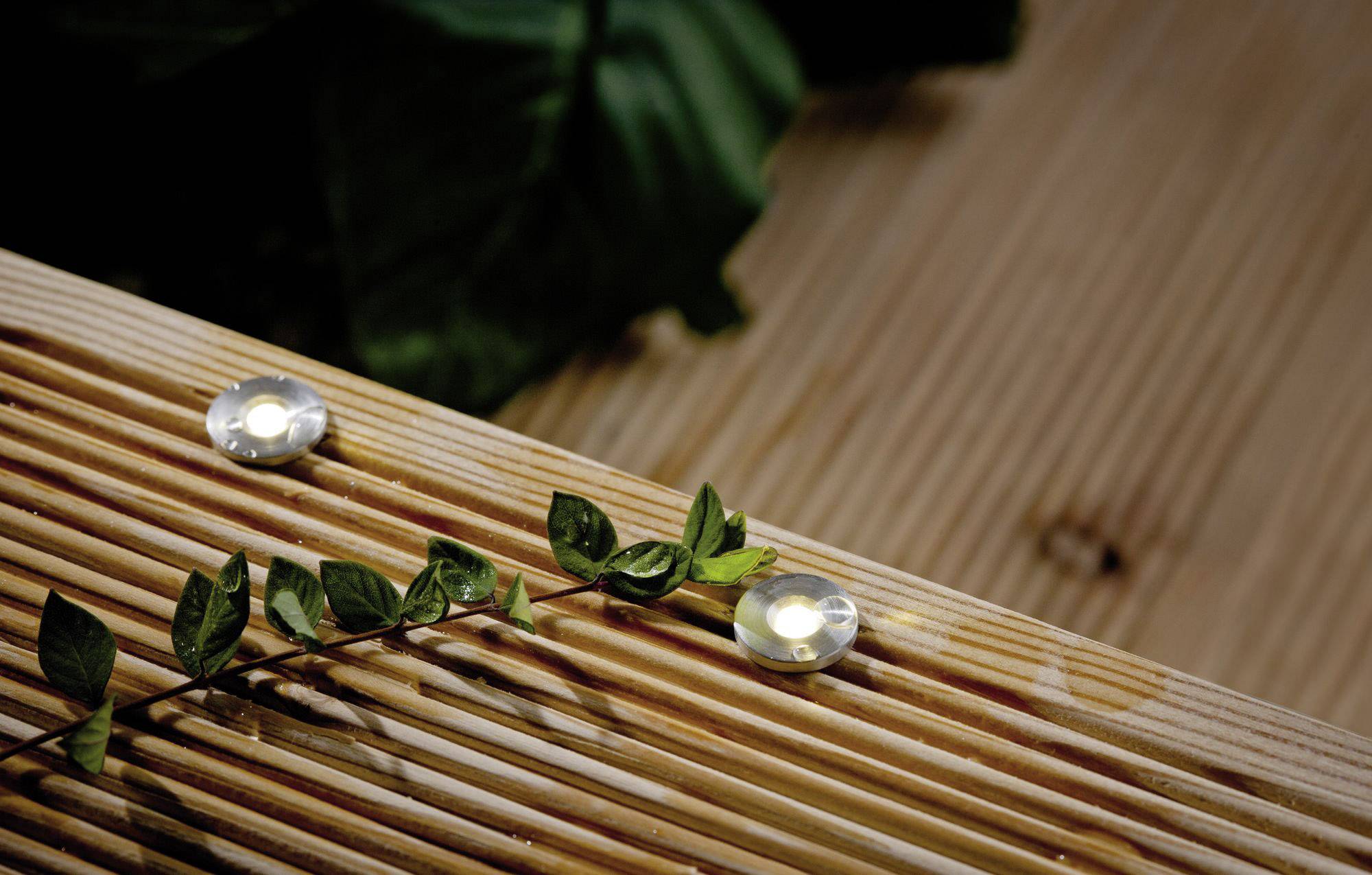 Eine Holzterrasse mit zwei eingelassenen LED-Lichtern und einem kleinen Zweig mit grünen Blättern, umgeben von einem großen Blatt.