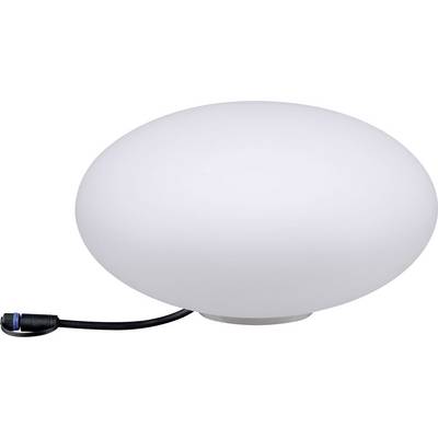 Weiße, ovale LED-Leuchte mit schwarzem Kabel, geeignet für den Außenbereich.