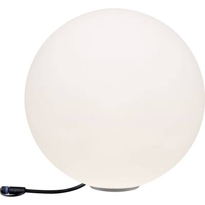Eine kugelförmige, weiße Lampe mit einem angeschlossenen Stromkabel. Sie steht auf einem glatten, flachen Untergrund.