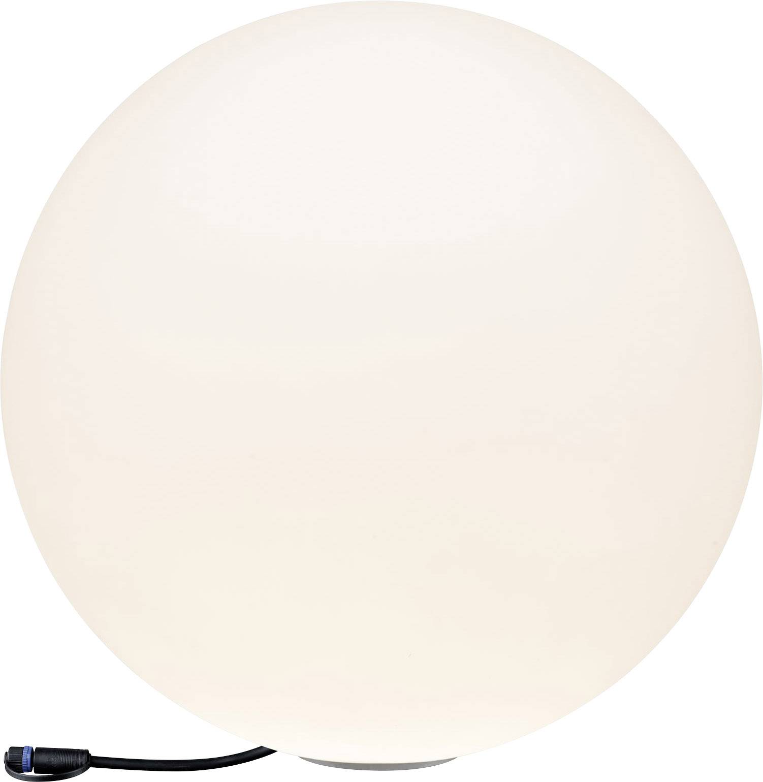 Eine kugelförmige, weiße Lampe mit schwarzem Netzkabel, strahlt gleichmäßiges, weiches Licht aus. Ideal für Raumbeleuchtung.