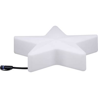 Weiße, sternförmige Leuchte mit schwarzem Kabel.