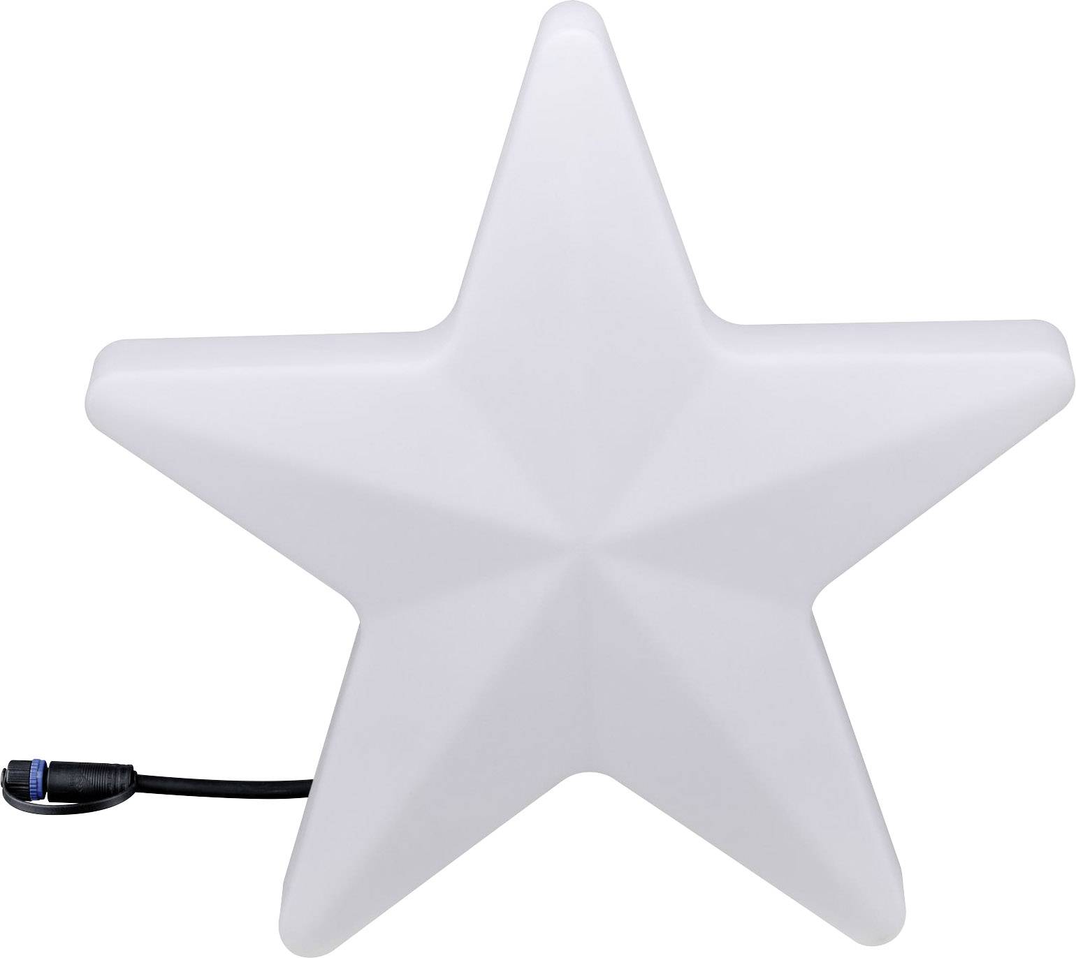 Ein weißer, fünfzackiger Stern mit einem Kabelanschluss an der unteren linken Seite.