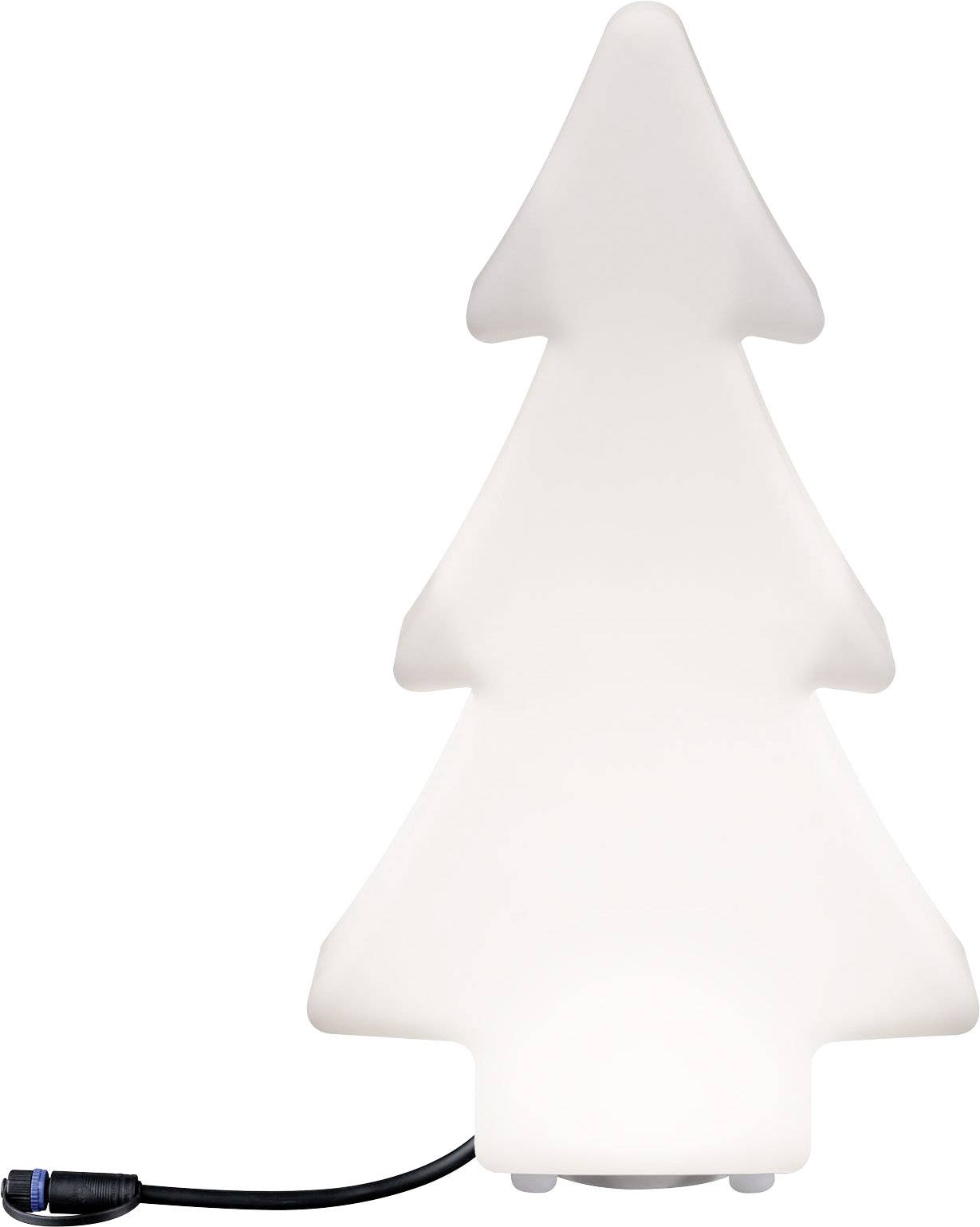 Weiße Lampe in Form eines stilisierten Tannenbaums mit schwarzem Kabel unten links.