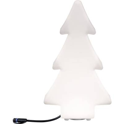Weiße Lampe in Form eines stilisierten Tannenbaums mit schwarzem Kabel unten links.