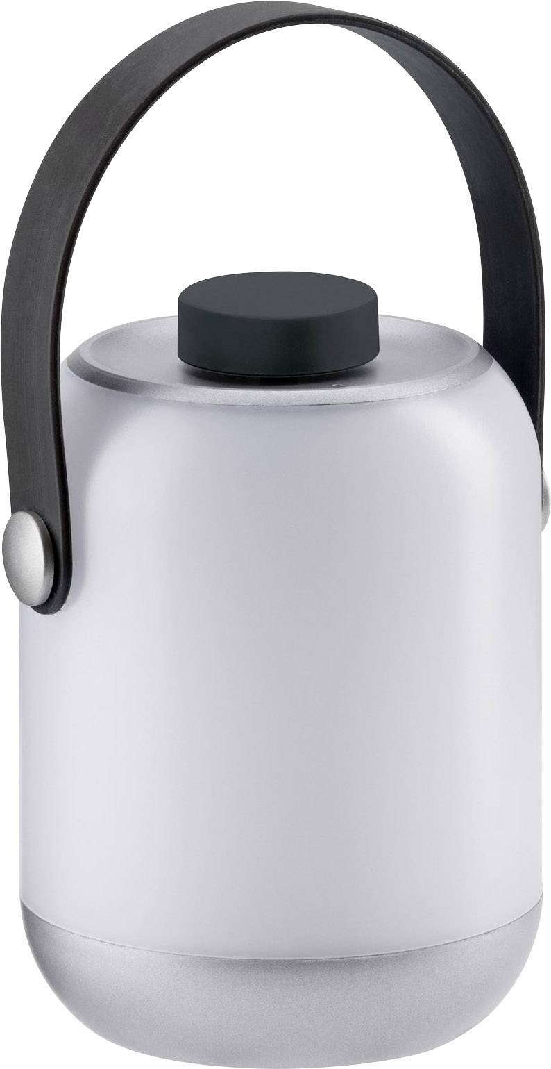 Moderne, tragbare LED-Lampe mit schwarzem Griff und silbernem Sockel. Ideal für Outdoor-Aktivitäten oder stimmungsvolle Beleuchtung.