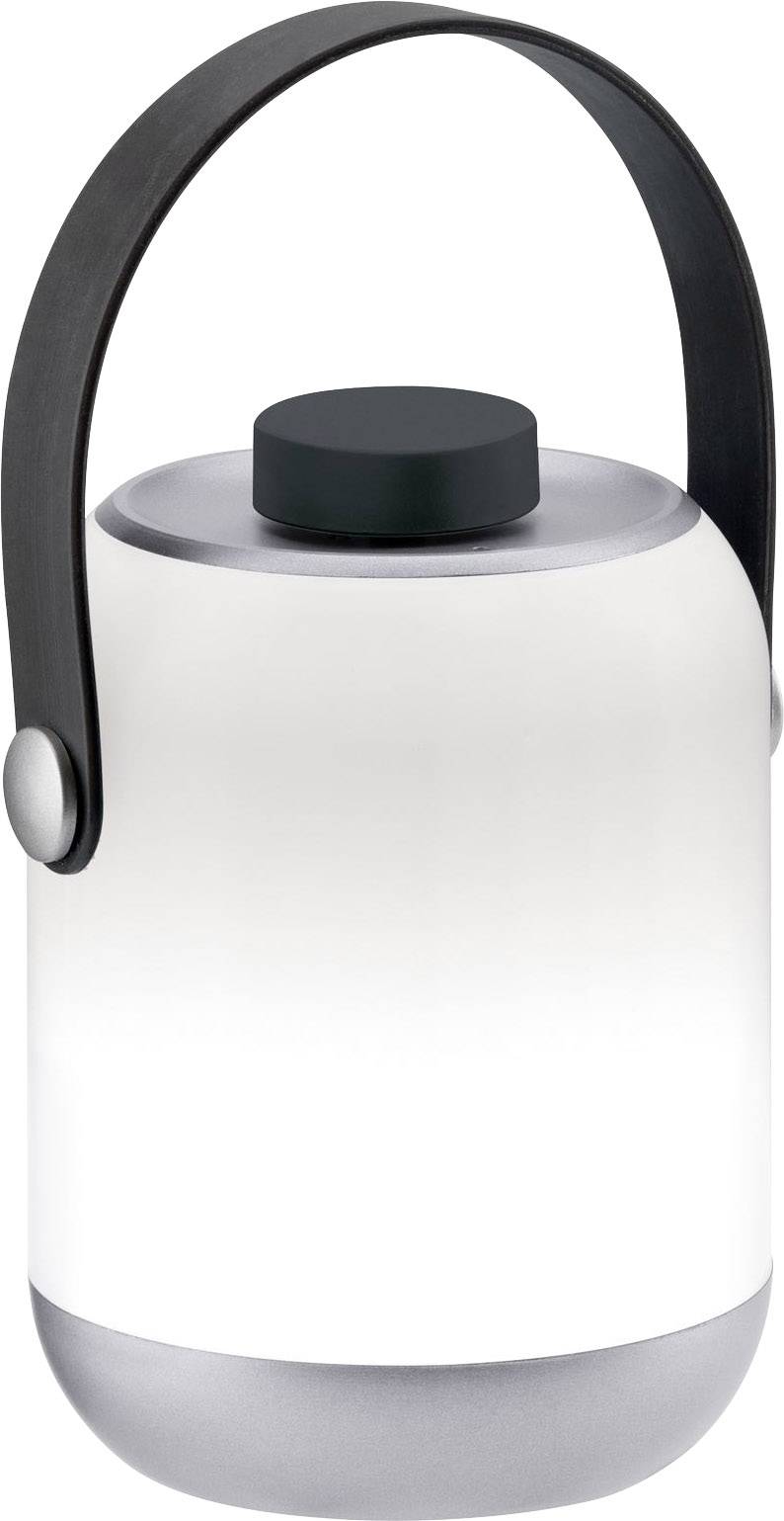 Eine tragbare, zylindrische Lampe mit weißem Schirm und schwarzem Tragegriff, ideal für Garten- oder Campingnutzung.